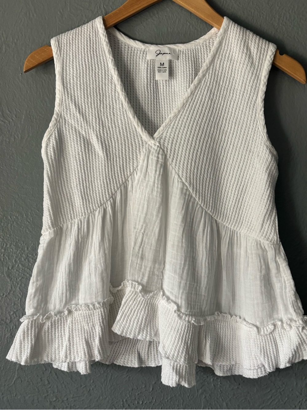 Japna Waffle Knit Tiered Tank Top White Cotton Gauze Ruffle Hem Size M